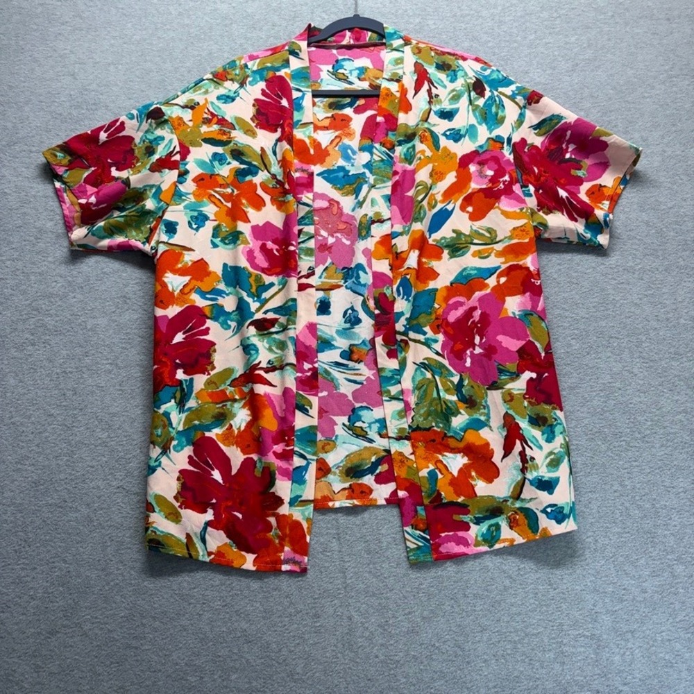 SHEIN Curve Womens 1XL Floral Kimono Top Open Front Short Sleeve Multi-Color